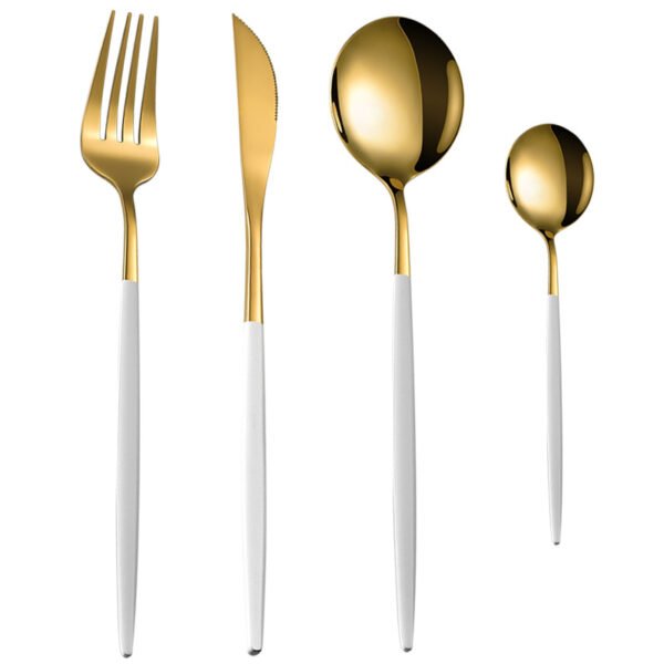 CJ-0011   Stainless steel Portuguese-style tableware set - knife, fork, teaspoon, ladle set of four. Available in multiple color options