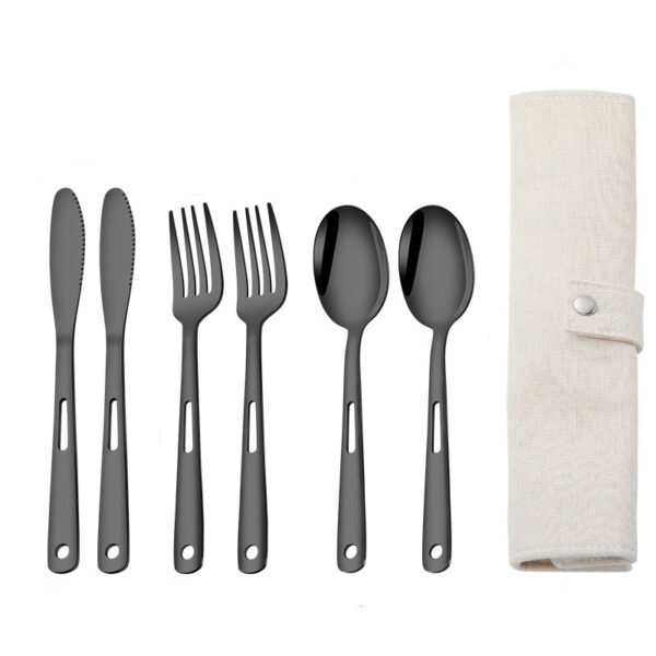 CJ-0009   Stainless steel outdoor knife, fork and spoon set of 7 pieces. Roll-up storage bag. Lightweight hollow design makes it more portable. Easy to carry. Portable tableware for camping and outdoor activities.