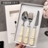 SLCJ-0002   Cute Western-style tableware set - Cheese style - Home use - Portable - Stainless steel - Steak knife and fork - Dessert spoon - Chopsticks - Customizable 3-piece set