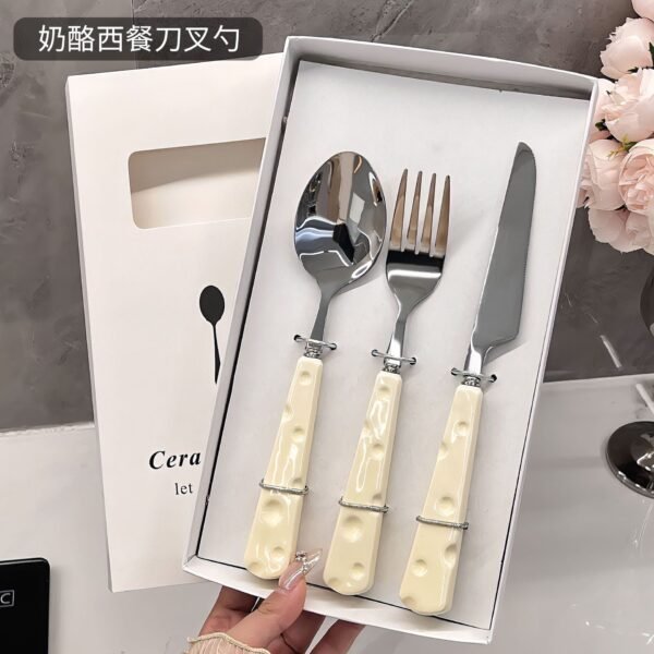 SLCJ-0002   Cute Western-style tableware set - Cheese style - Home use - Portable - Stainless steel - Steak knife and fork - Dessert spoon - Chopsticks - Customizable 3-piece set