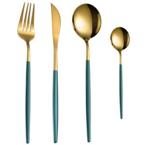 CJ-0011   Stainless steel Portuguese-style tableware set - knife, fork, teaspoon, ladle set of four. Available in multiple color options