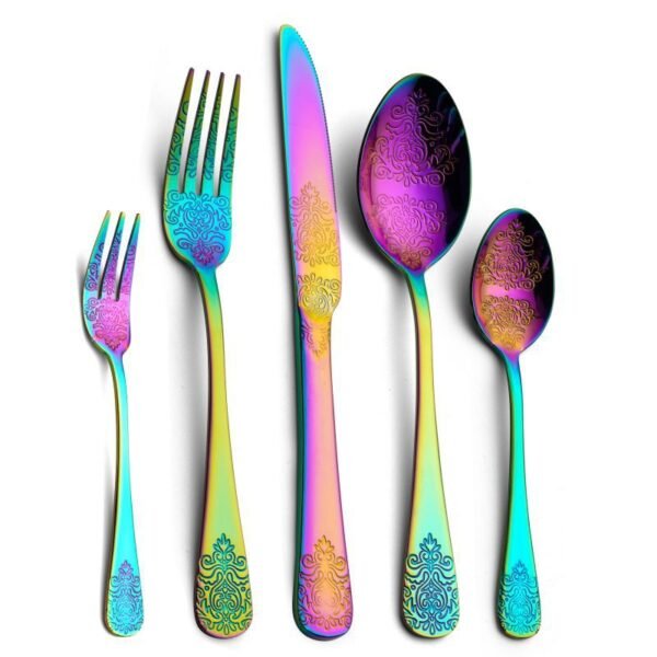 CJ-0013   Stainless steel tableware knife, fork, ladle - 5-piece set. Palace luxury embossed pattern European-style tableware for dining.