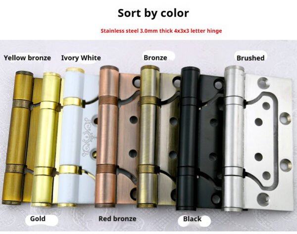 3mm thick 304 stainless steel interlocking hinges. Installation does not require slotting. Home door silent hinge with bearing. Available in 4" and 5" sizes. Multiple colors are available. Custom sizes can be provided