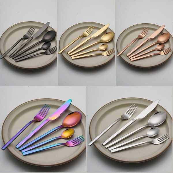 CJ-0012   Matte black handle stainless steel knife, fork and spoon set of 5 pieces. Flat one-piece formed tableware set.