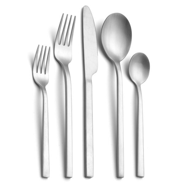 CJ-0012   Matte black handle stainless steel knife, fork and spoon set of 5 pieces. Flat one-piece formed tableware set.