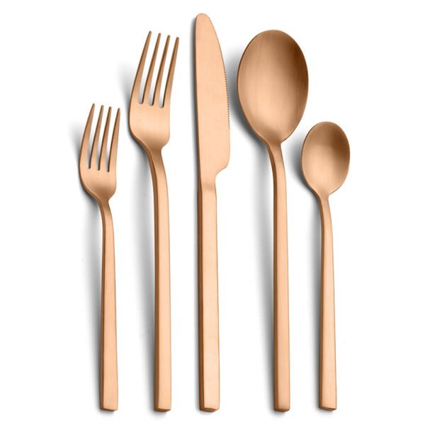 CJ-0012   Matte black handle stainless steel knife, fork and spoon set of 5 pieces. Flat one-piece formed tableware set.