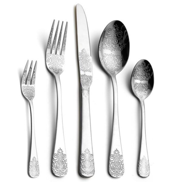 CJ-0013   Stainless steel tableware knife, fork, ladle - 5-piece set. Palace luxury embossed pattern European-style tableware for dining.
