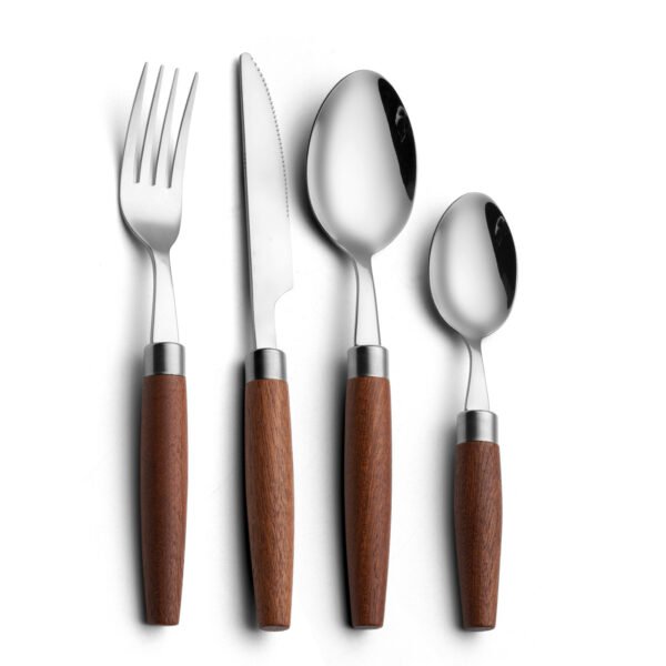 MZCJ-0001   Wood-handled stainless steel dinnerware set (forks, knives, spoons) in vintage style - 4-piece set suitable for home use and hotels