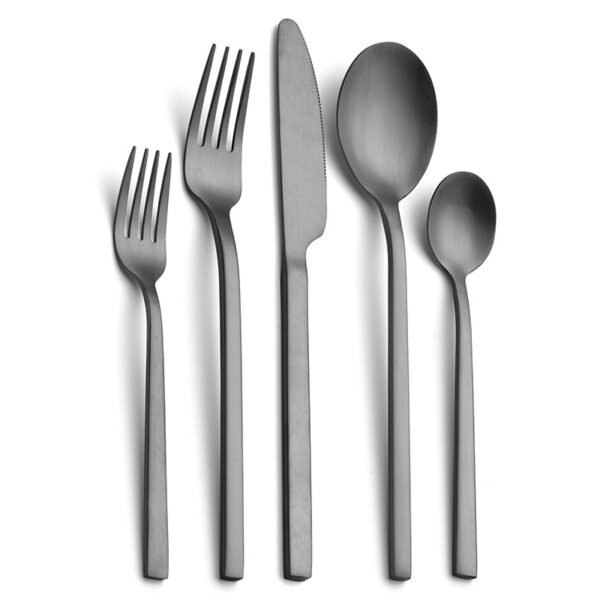 CJ-0012   Matte black handle stainless steel knife, fork and spoon set of 5 pieces. Flat one-piece formed tableware set.