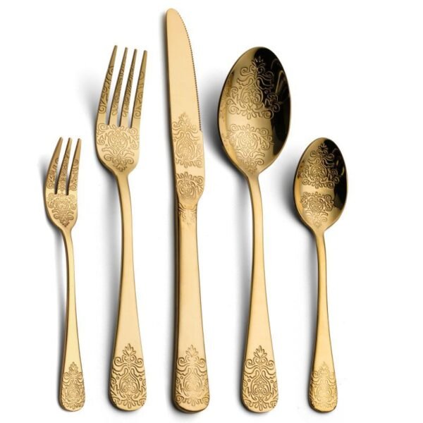 CJ-0013   Stainless steel tableware knife, fork, ladle - 5-piece set. Palace luxury embossed pattern European-style tableware for dining.