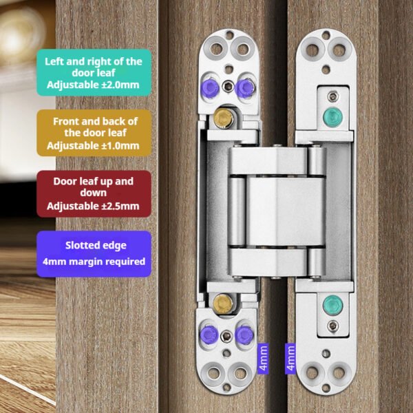 Three-dimensional adjustable invisible hinge. Suitable for concealed doors, folding wooden doors and silent invisible hinges of concealed doors.